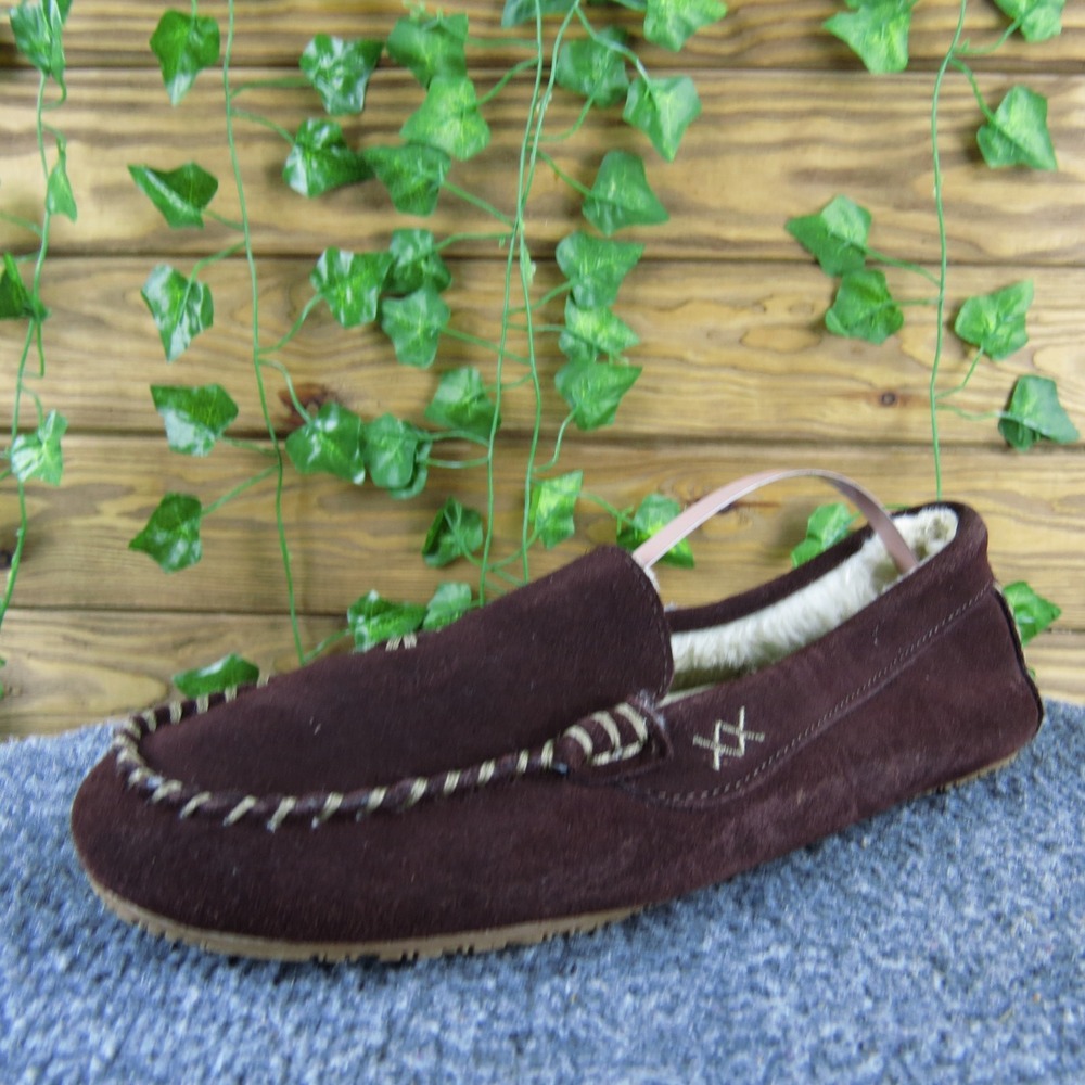 Lands' End Boys 7 Brown Suede Moccasin‎ Slippers Faux Fur Lined Indoor Outdoor